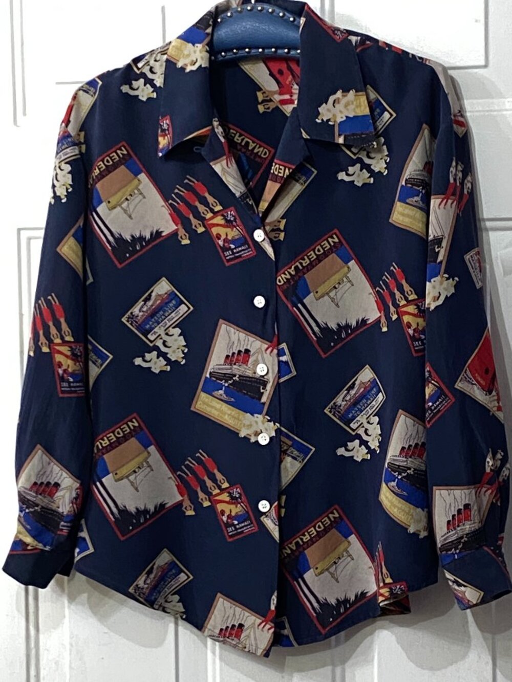 Vintage JH Collectibles  Silk Sz 6 Blouse Shirt Long Navy/Multi Nautical Cruise